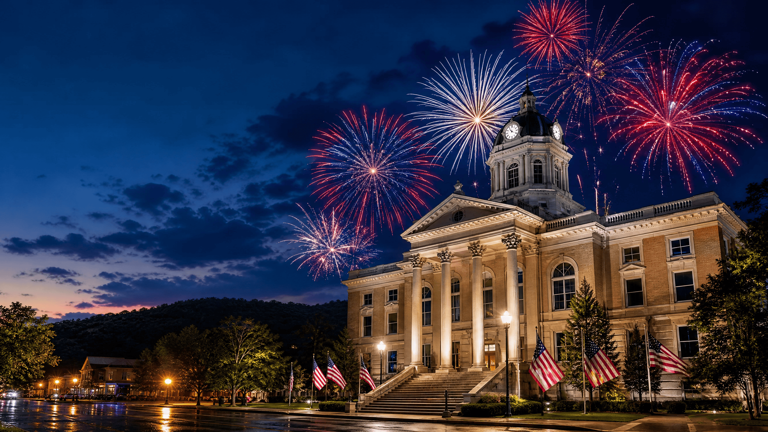 Walker County Courthouse in LaFayette Georgia with Fourth of July fireworks — Gordon Hall DUI Defense Attorney