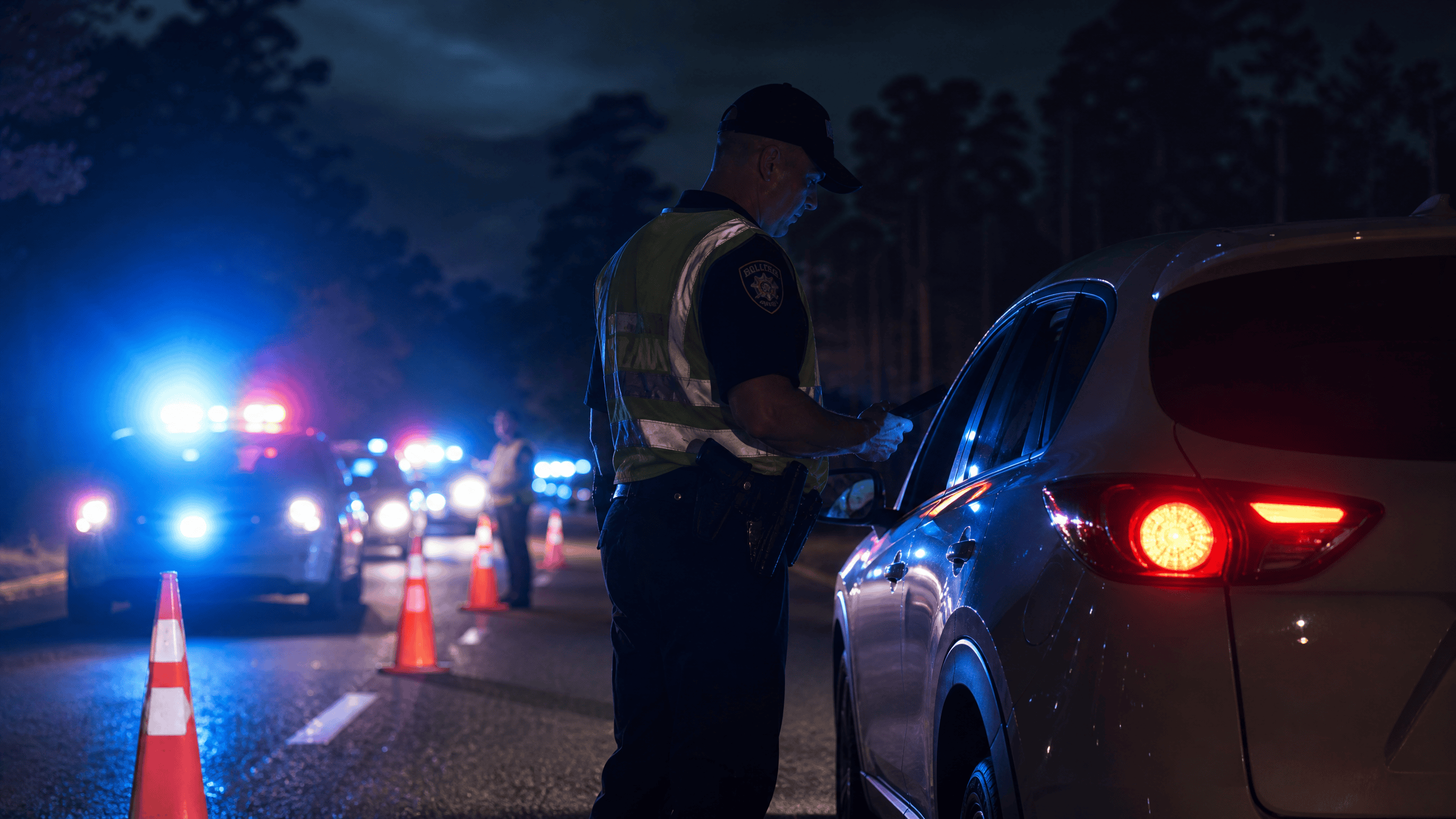 Georgia DUI checkpoint at night with police lights — second DUI defense attorney Walker County